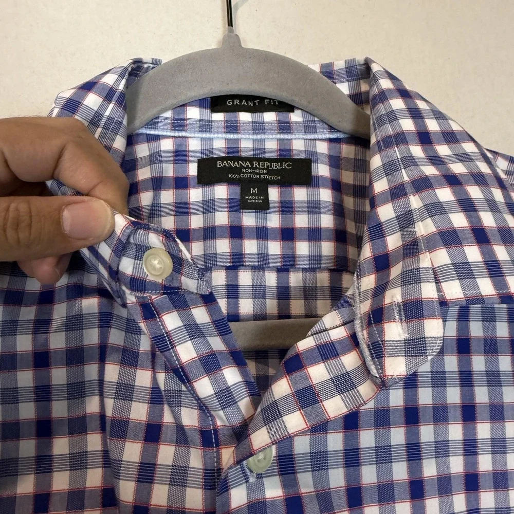 Banana Republic Dress‎ Shirt Mens Medium Blue Gingham Grant Fit Non Iron Stretch